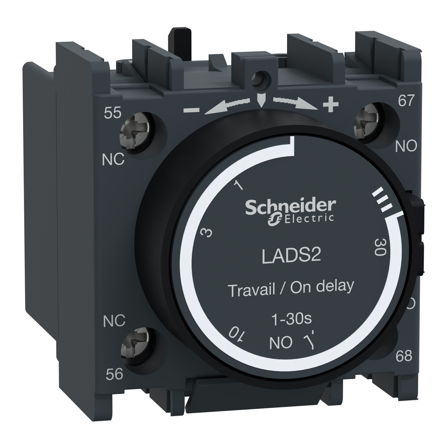 LADS2 Schneider Electric Time delay auxiliary contact block, TeSys D, 1NO + 1NC, on delay 1-30s, front, screw clamp terminals