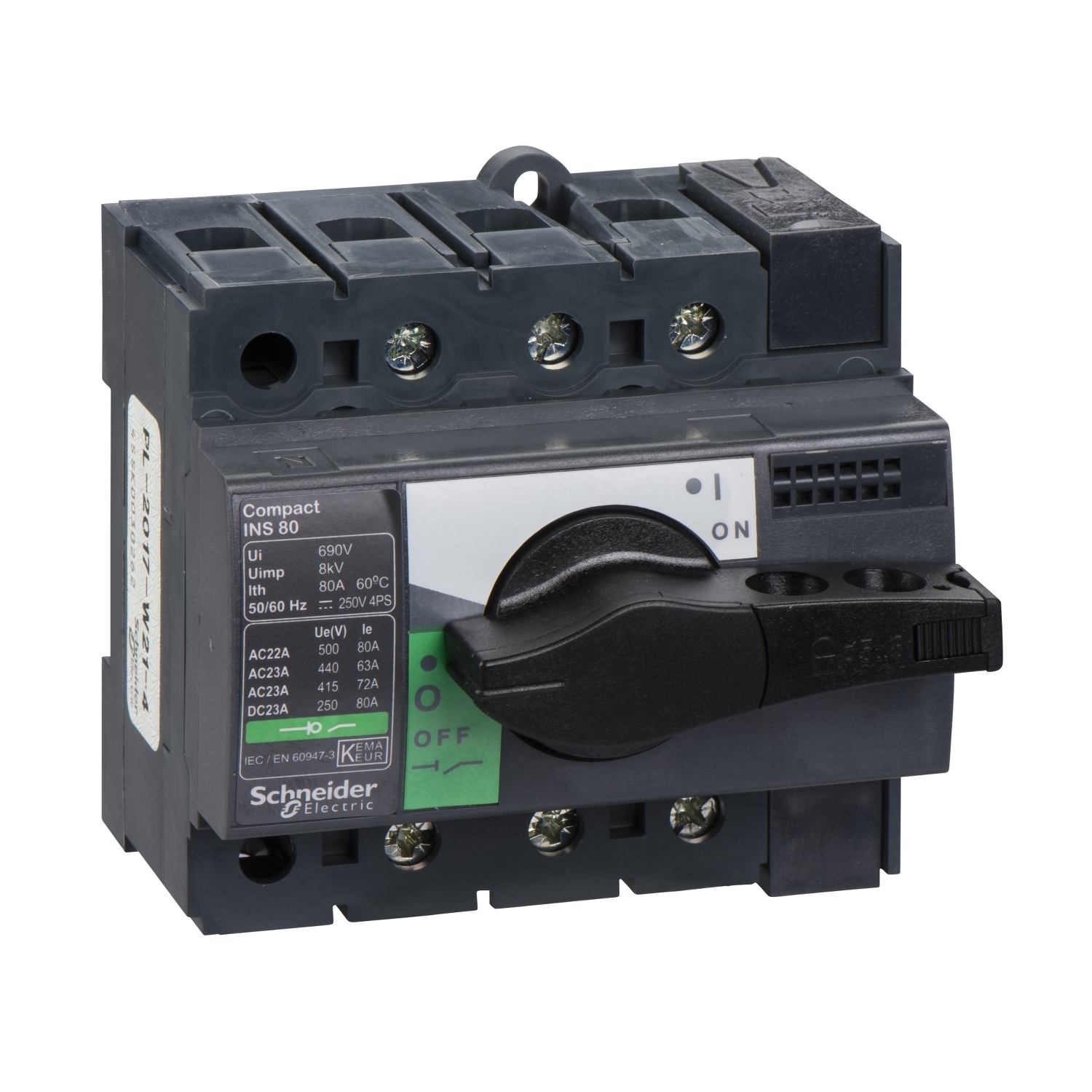 28904 Schneider Electric Switch disconnector, Compact INS80 , 80 A, standard version with black rotary handle, 3 poles
