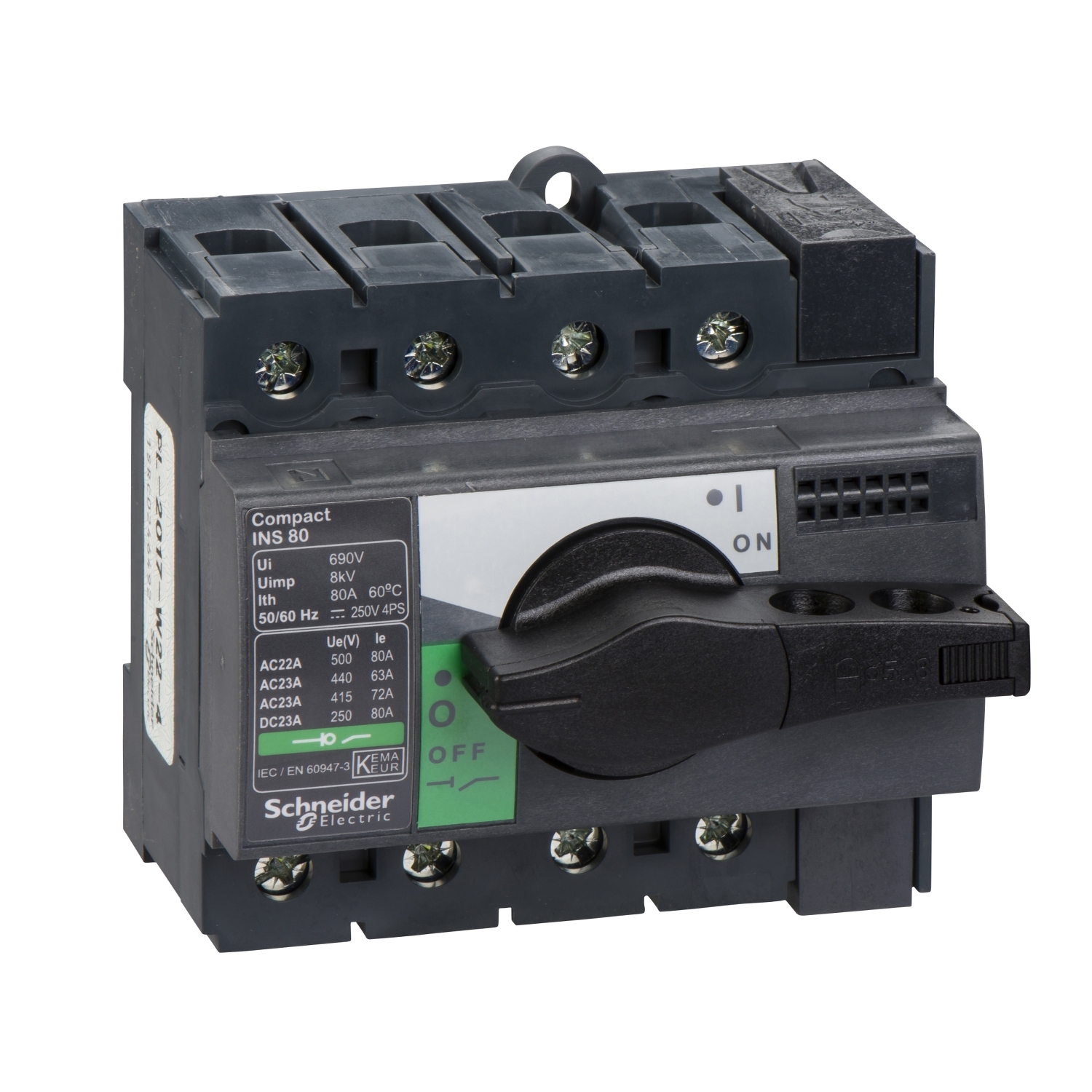 28905 Schneider Electric Switch disconnector, Compact INS80 , 80 A, standard version with black rotary handle, 4 poles