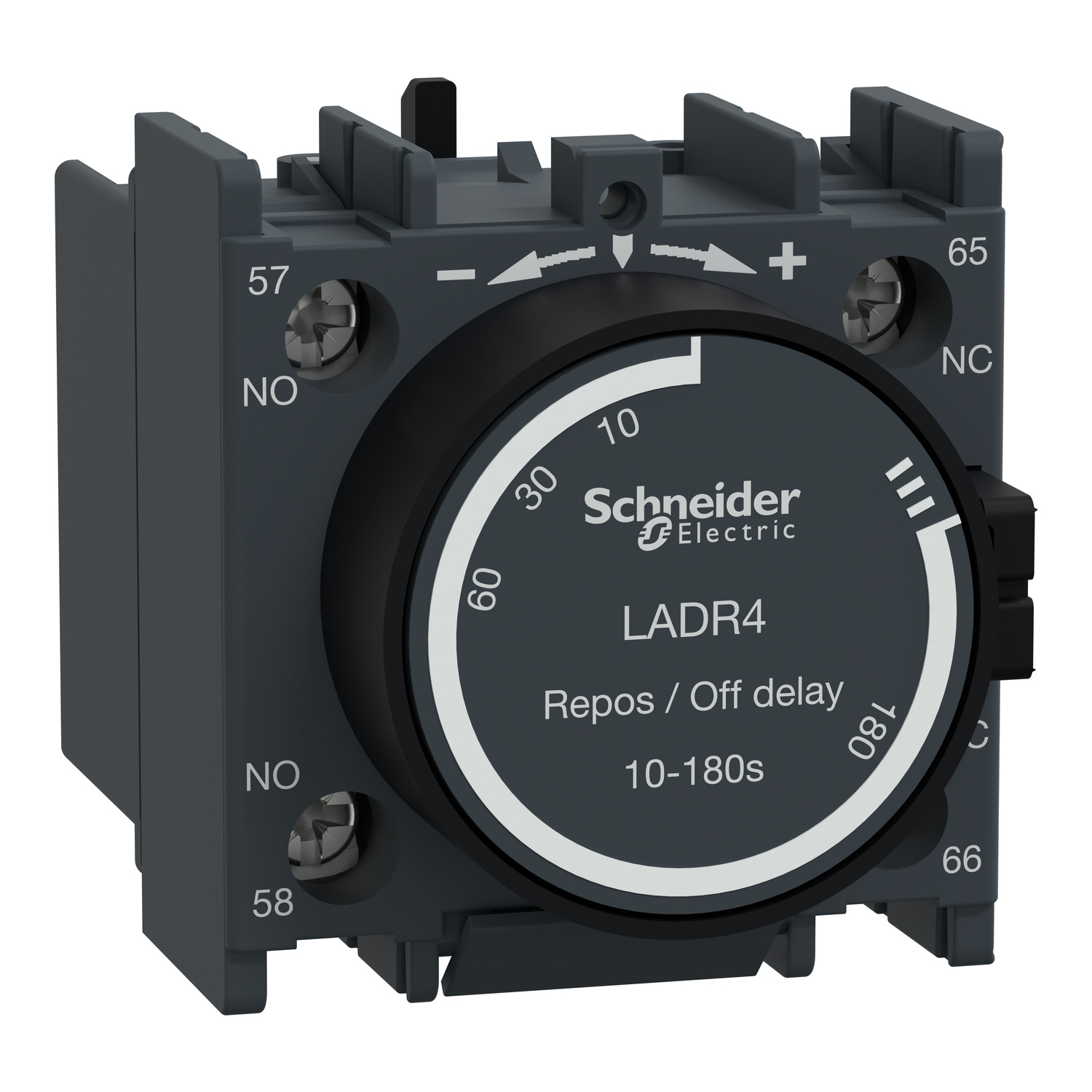 LADR4 Schneider Electric Time delay auxiliary contact block, TeSys D, 1NO + 1NC, off delay 10-180s, front, screw clamp terminals