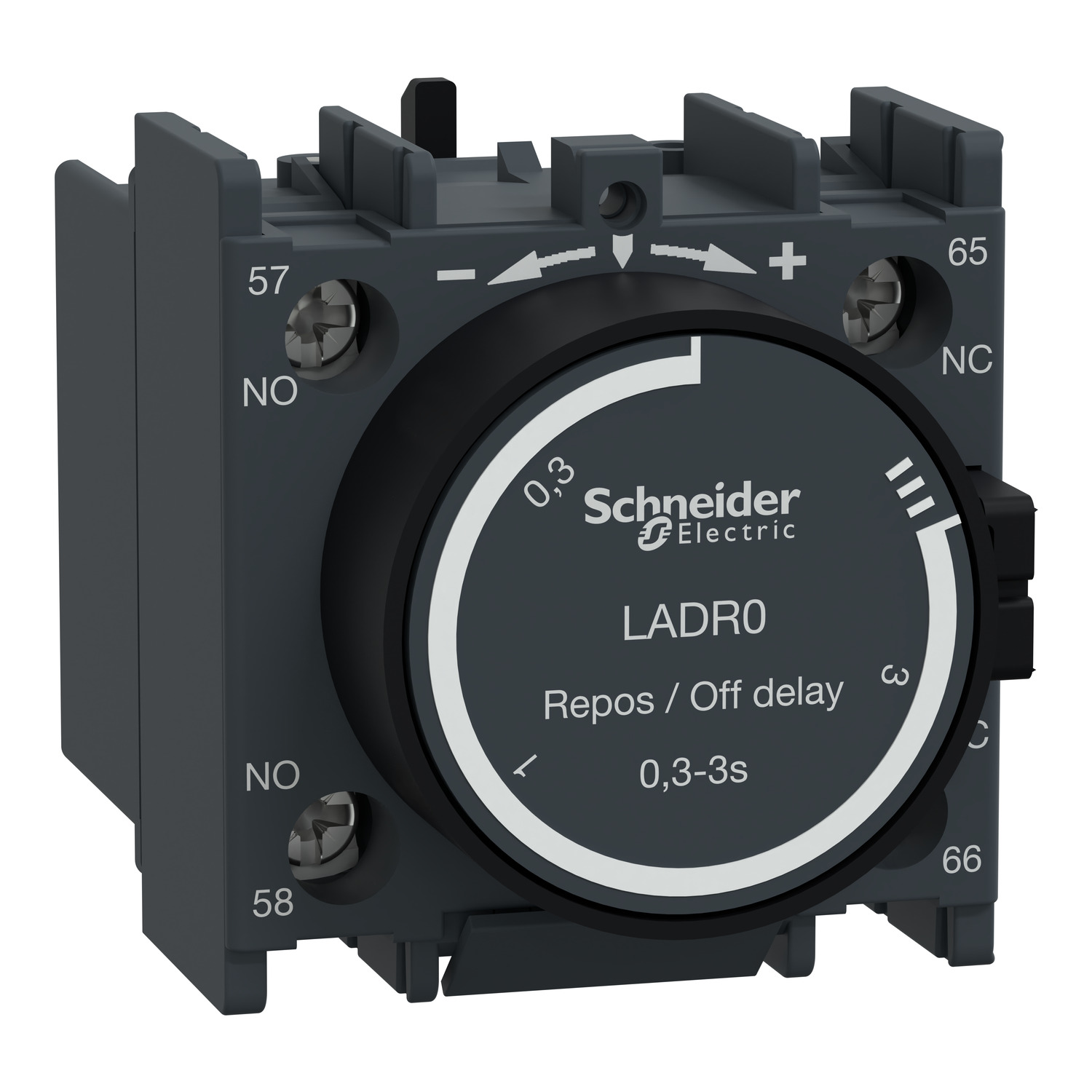 LADR0 Schneider Electric Time delay auxiliary contact block, TeSys D, 1NO + 1NC, off delay 0.3-3s, front, screw clamp terminals