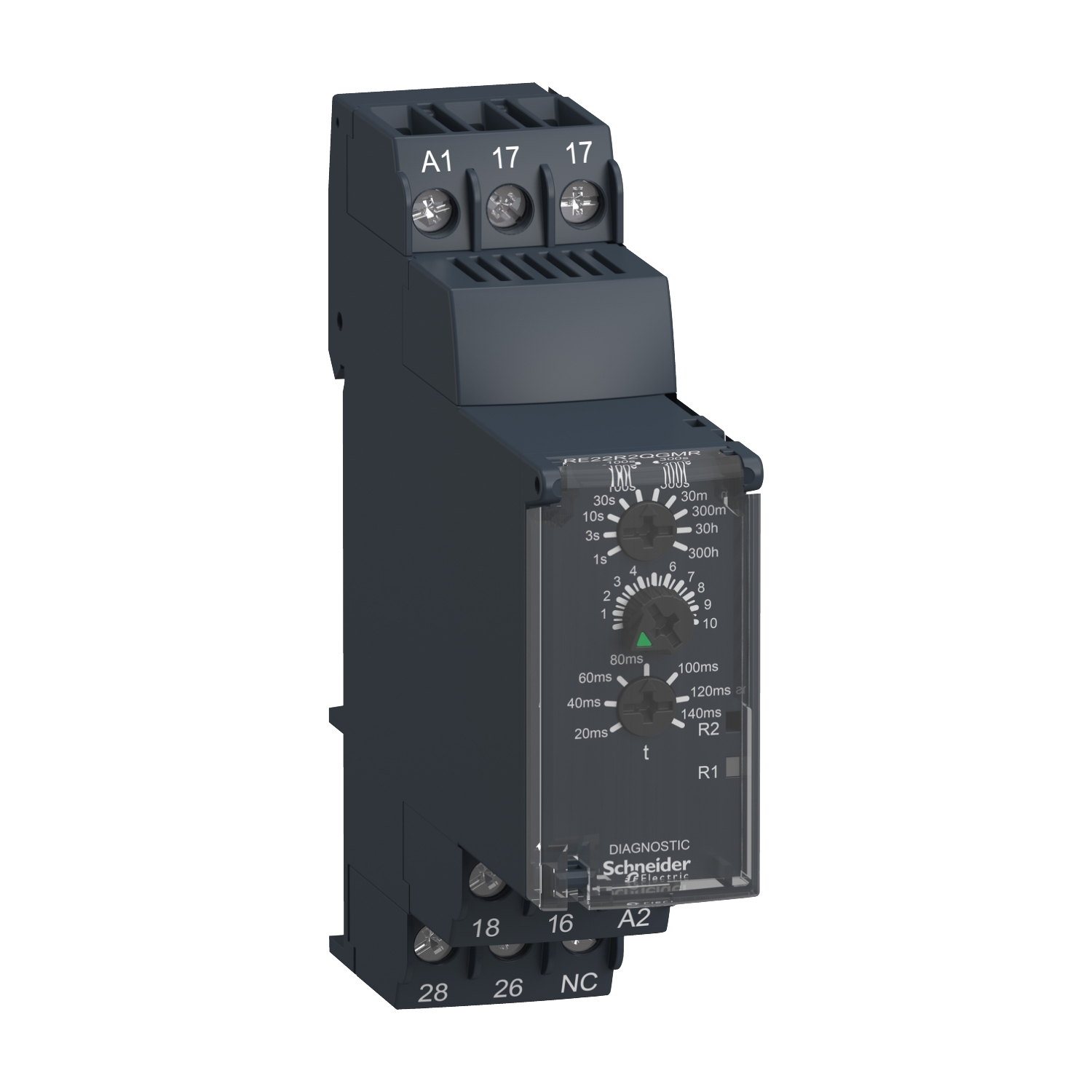 RE22R2QGMR Schneider Electric Modular timing relay, 8 A, 0.05 s…300 h, 2 CO, star delta, 24...240 V AC/DC