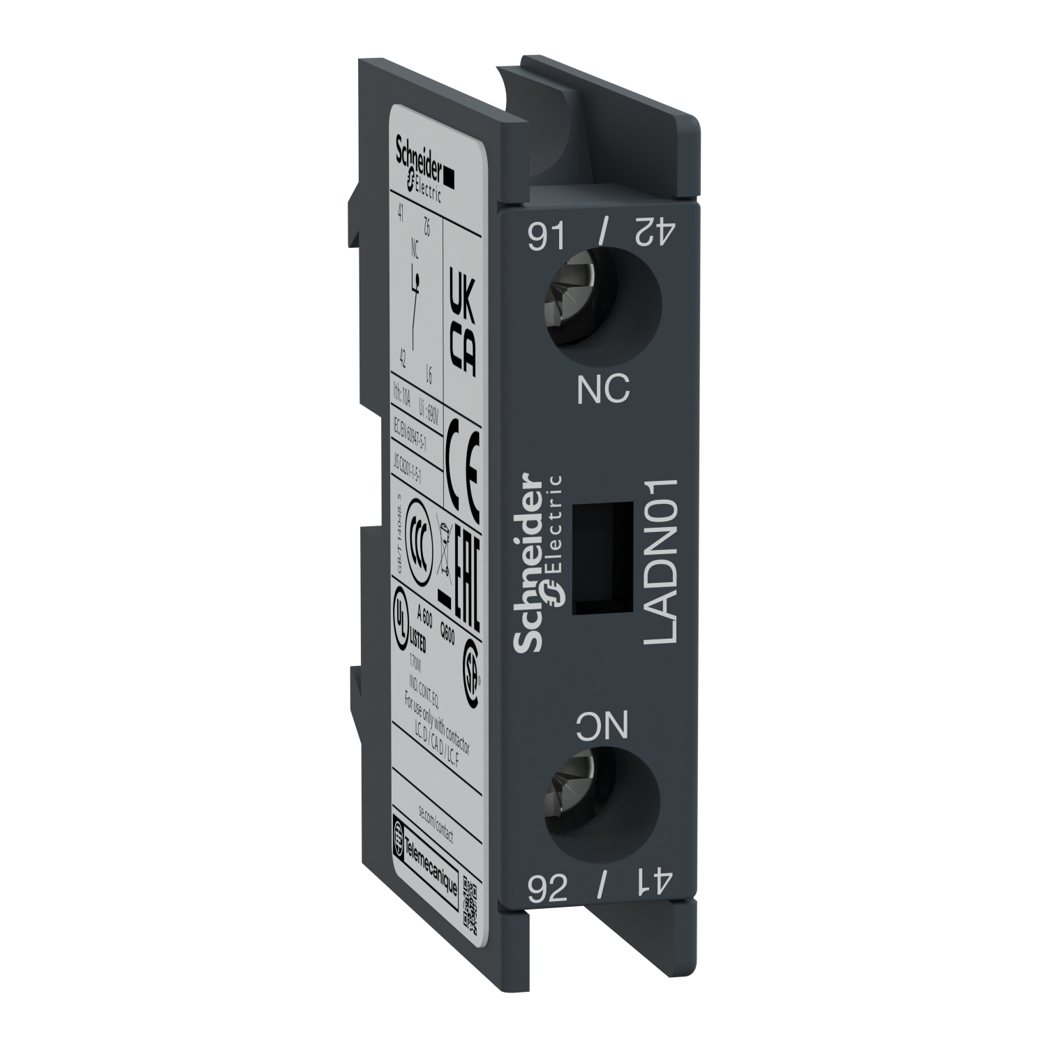 LADN01 Schneider Electric Auxiliary contact block, TeSys D, 1NC, front mounting, screw clamp terminals
