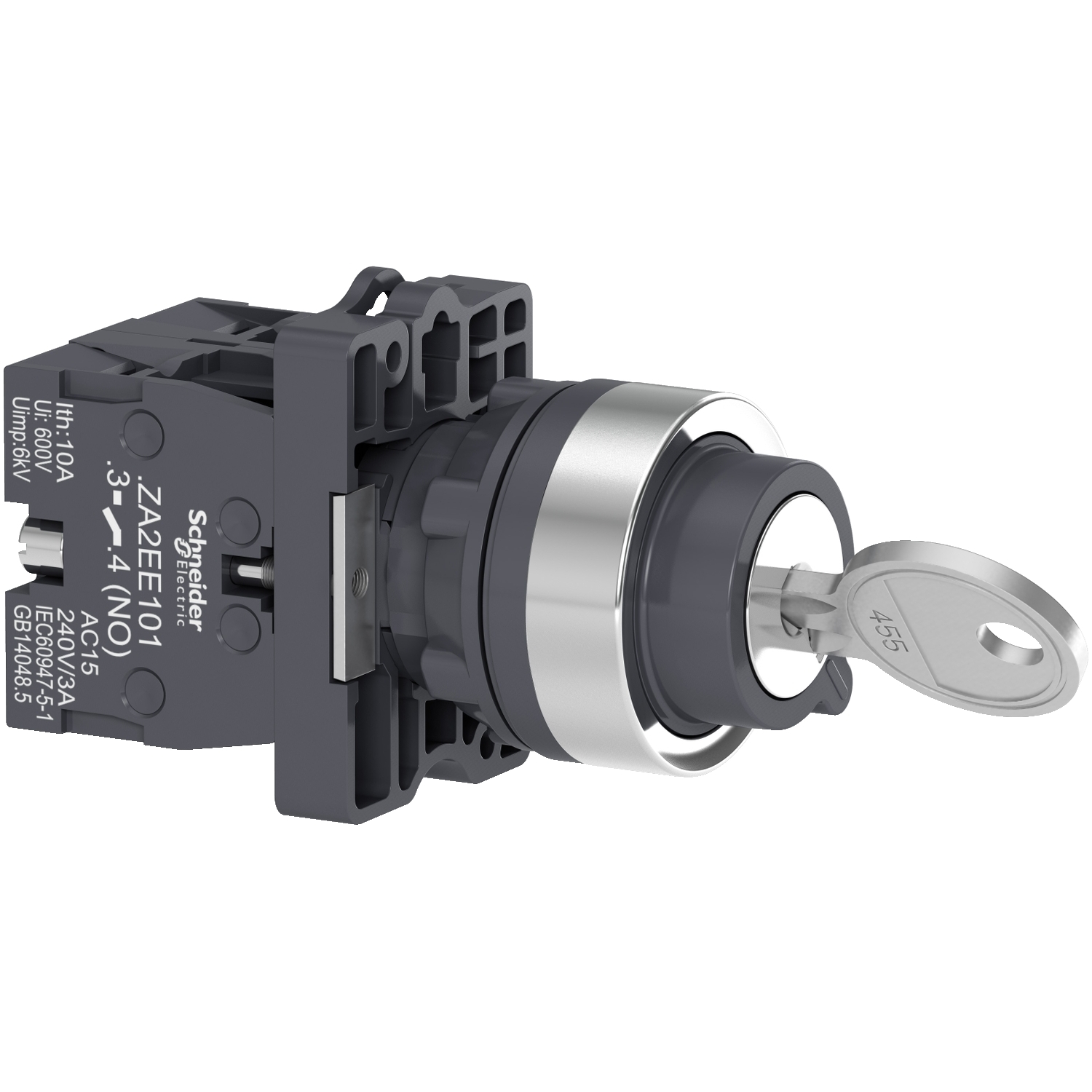 XA2EG43 Schneider Electric Complete selector switch, Easy Harmony XA2, plastic, black, 22mm, key 455, 2 positions, stay put, 2NO