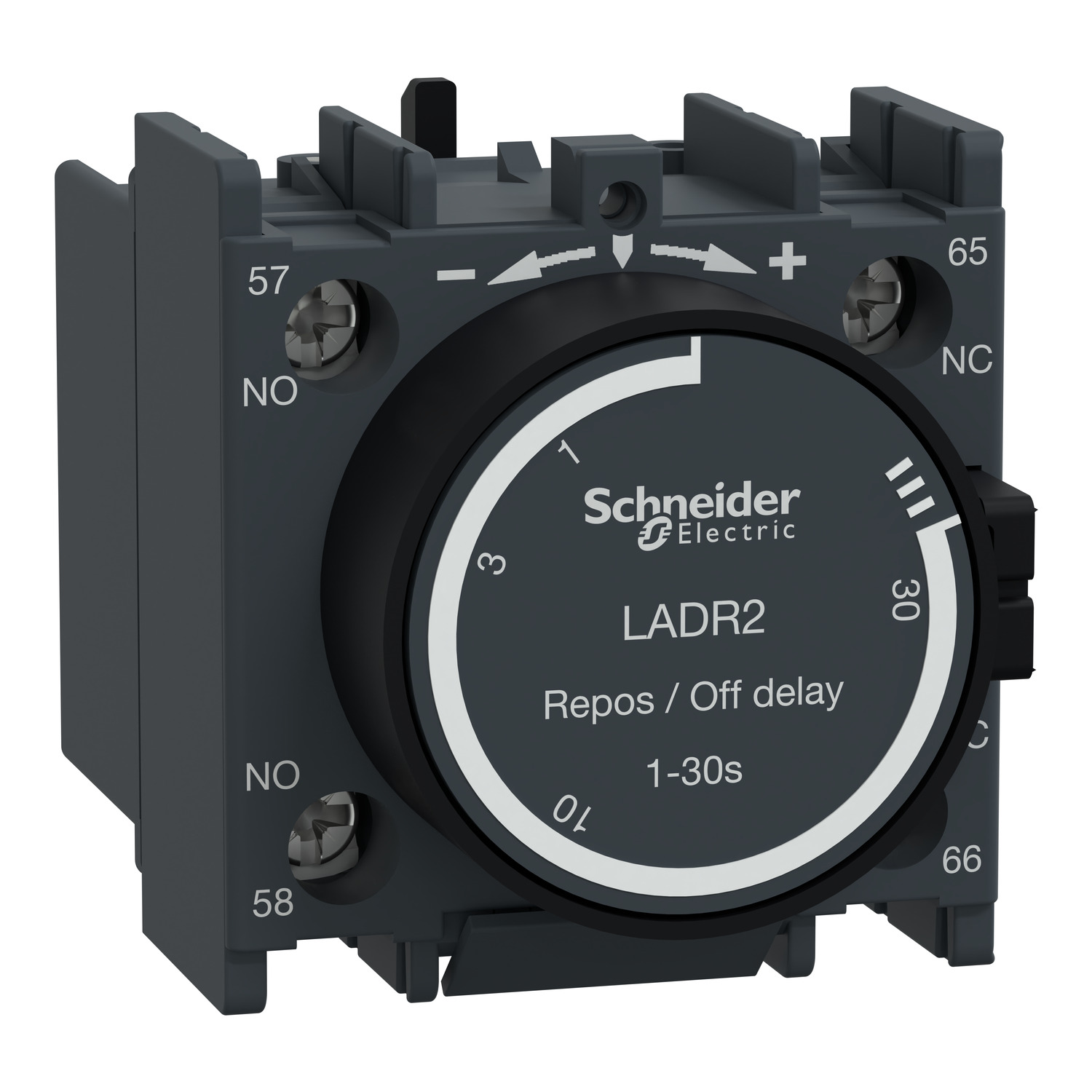 LADR2 Schneider Electric Time delay auxiliary contact block, TeSys D, 1NO + 1NC, off delay 1-30s, front, screw clamp terminals