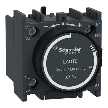LADT0 Schneider Electric Time delay auxiliary contact block, TeSys D, 1NO + 1NC, on delay 0.3-3s, front, screw clamp terminals